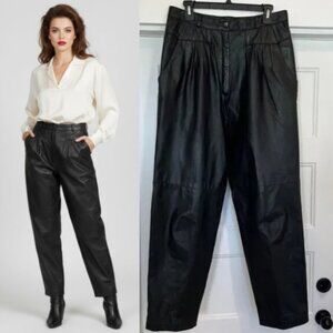 Toffs Pants Women Size 30 Black 100% Genuine Leather 1980's High Rise Pleated